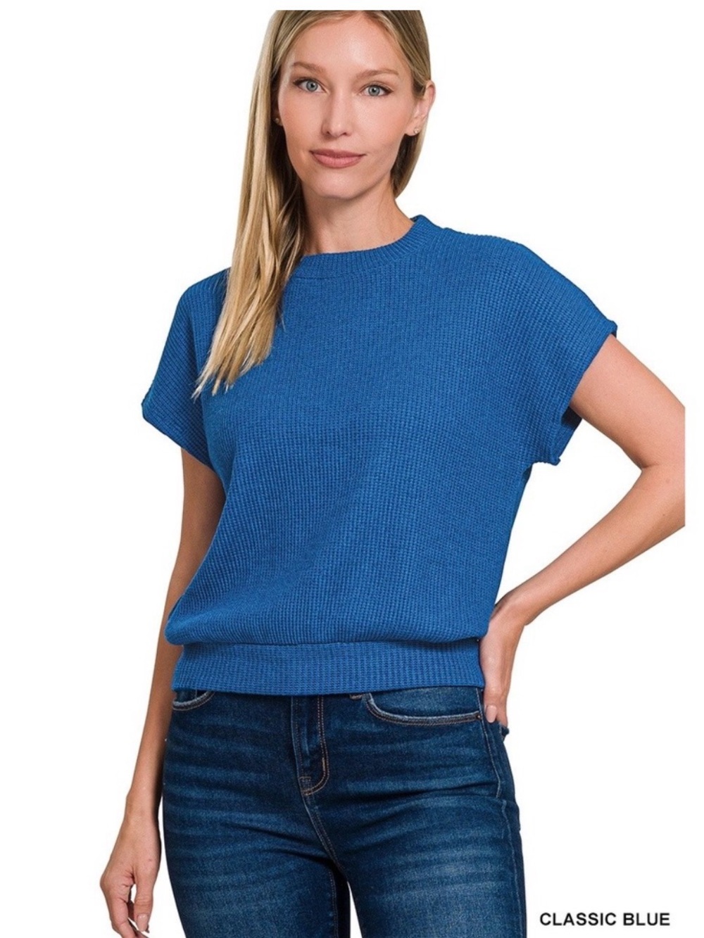 Zenana Classic Blue Waffle Knit Short Sleeve Sweater Top